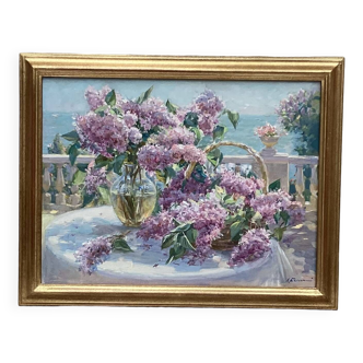 Tableau signé cadrée Huile sur toile « Les lilas «  dimension : hauteur -55cm- largeur -70cm-