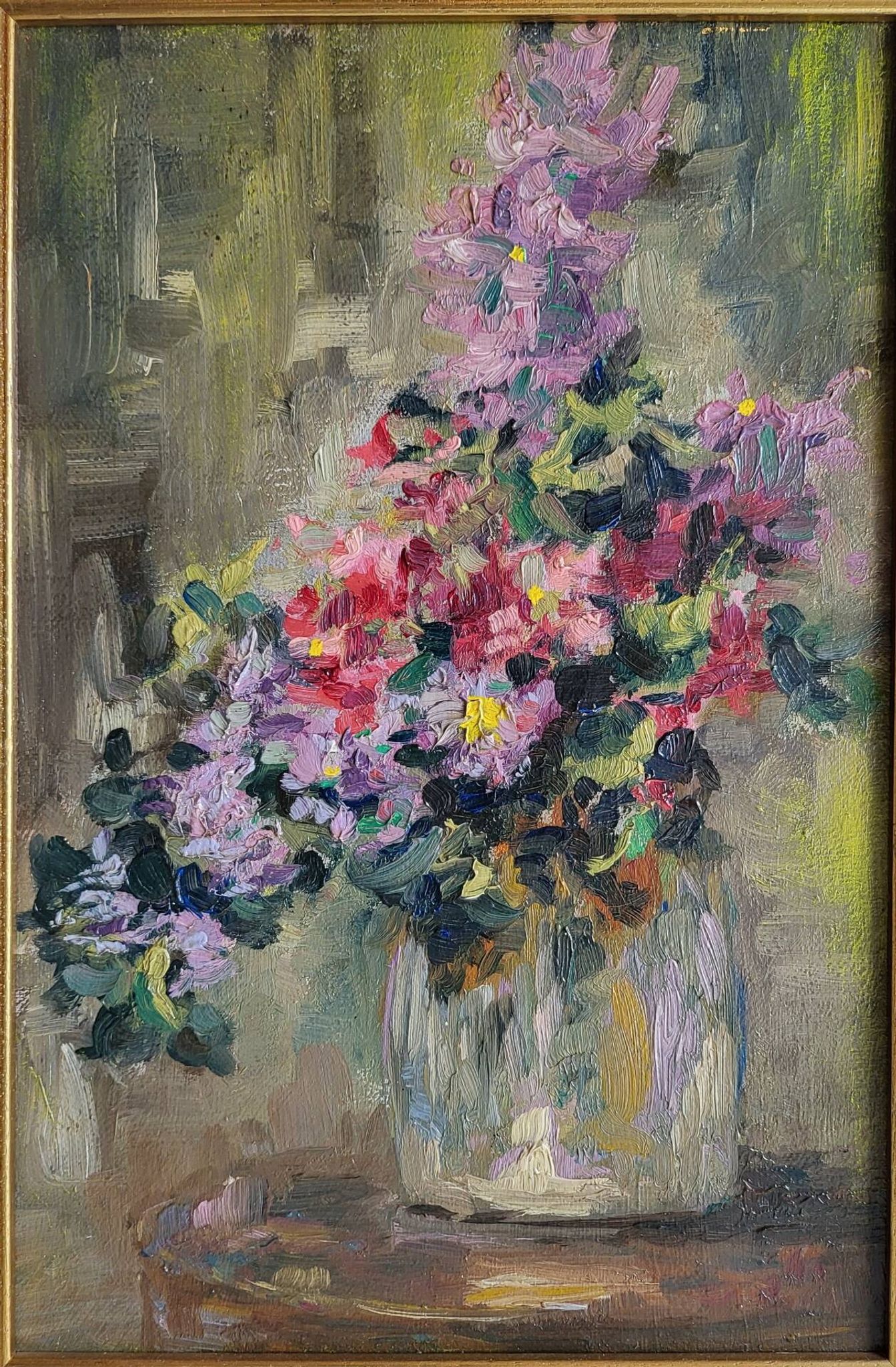 Still Life with Flower Bouquet Oil on Canvas Wooden Frame
