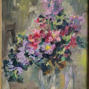 Still Life with Flower Bouquet Oil on Canvas Wooden Frame
