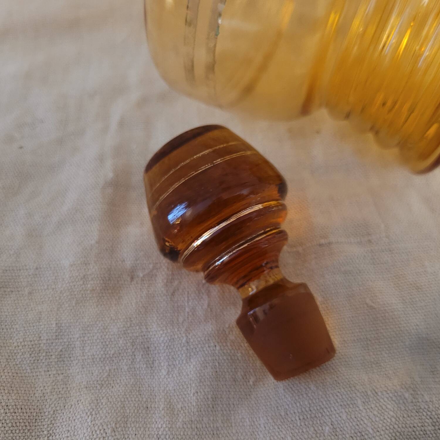 Vintage amber glass carafe with gold trim – 1950s