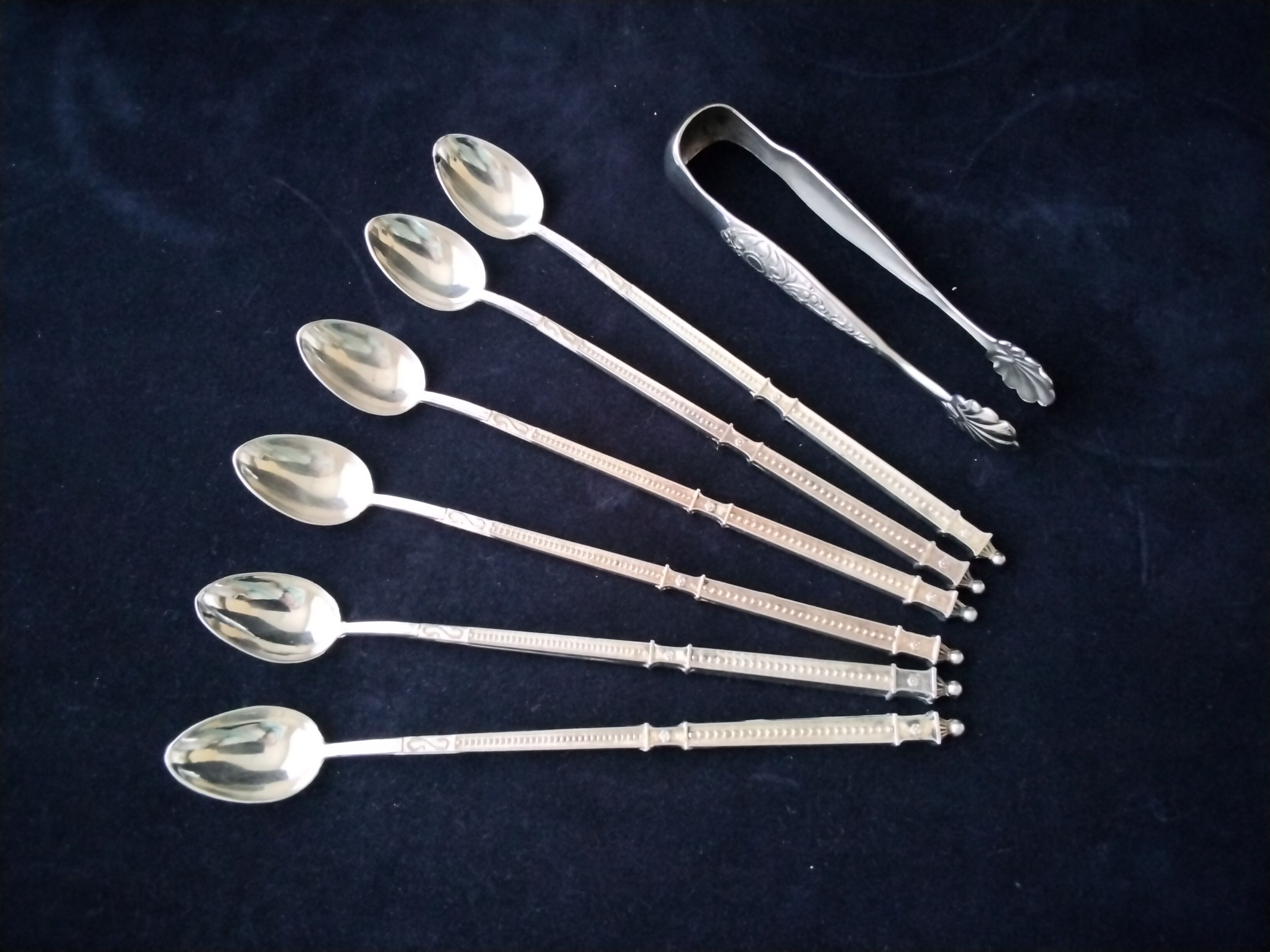 Set of 6 mazagran spoons and stainless steel sugar tongs