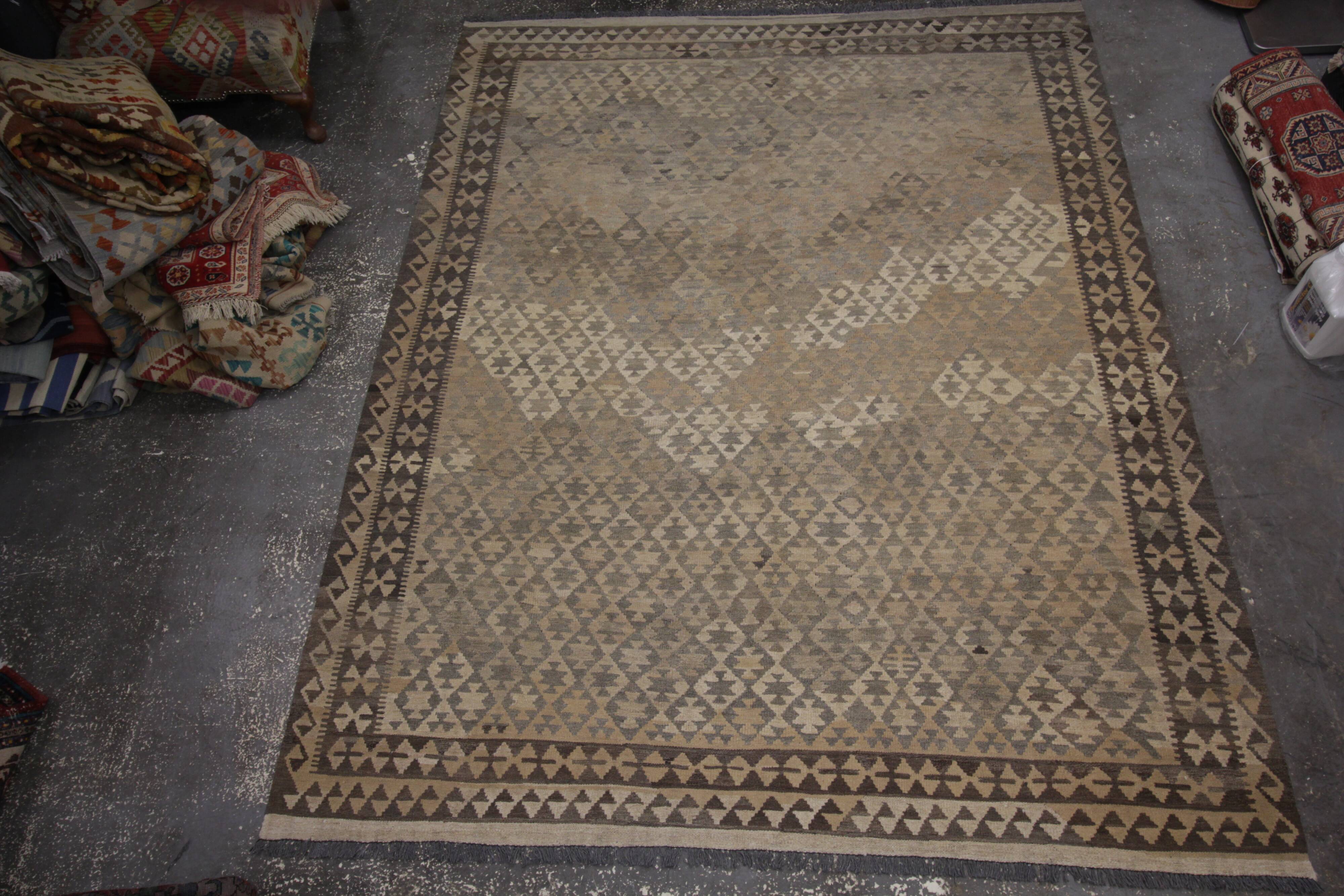 Brown & Khaki Geometric Kilim Rug, Handwoven Wool Carpet 302 x 239 cm