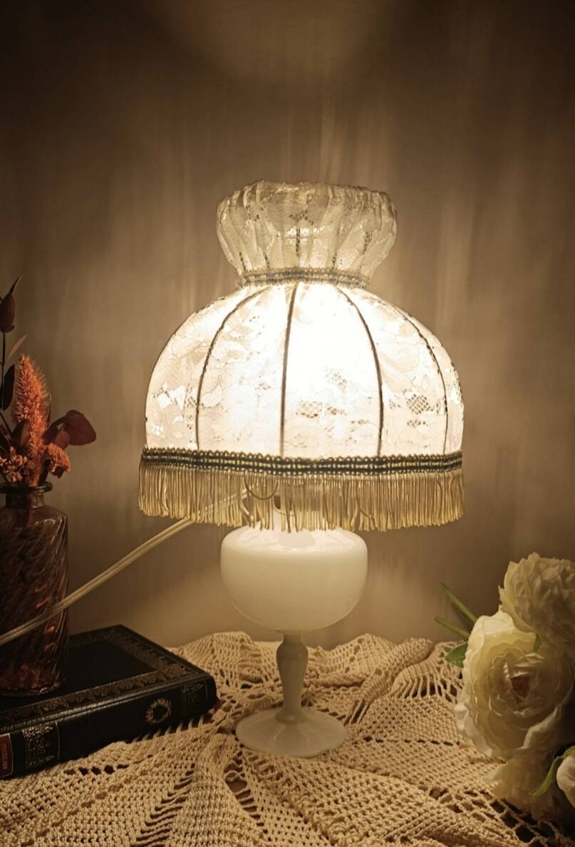 white bedside lamp with lace and opaline bohemian chic