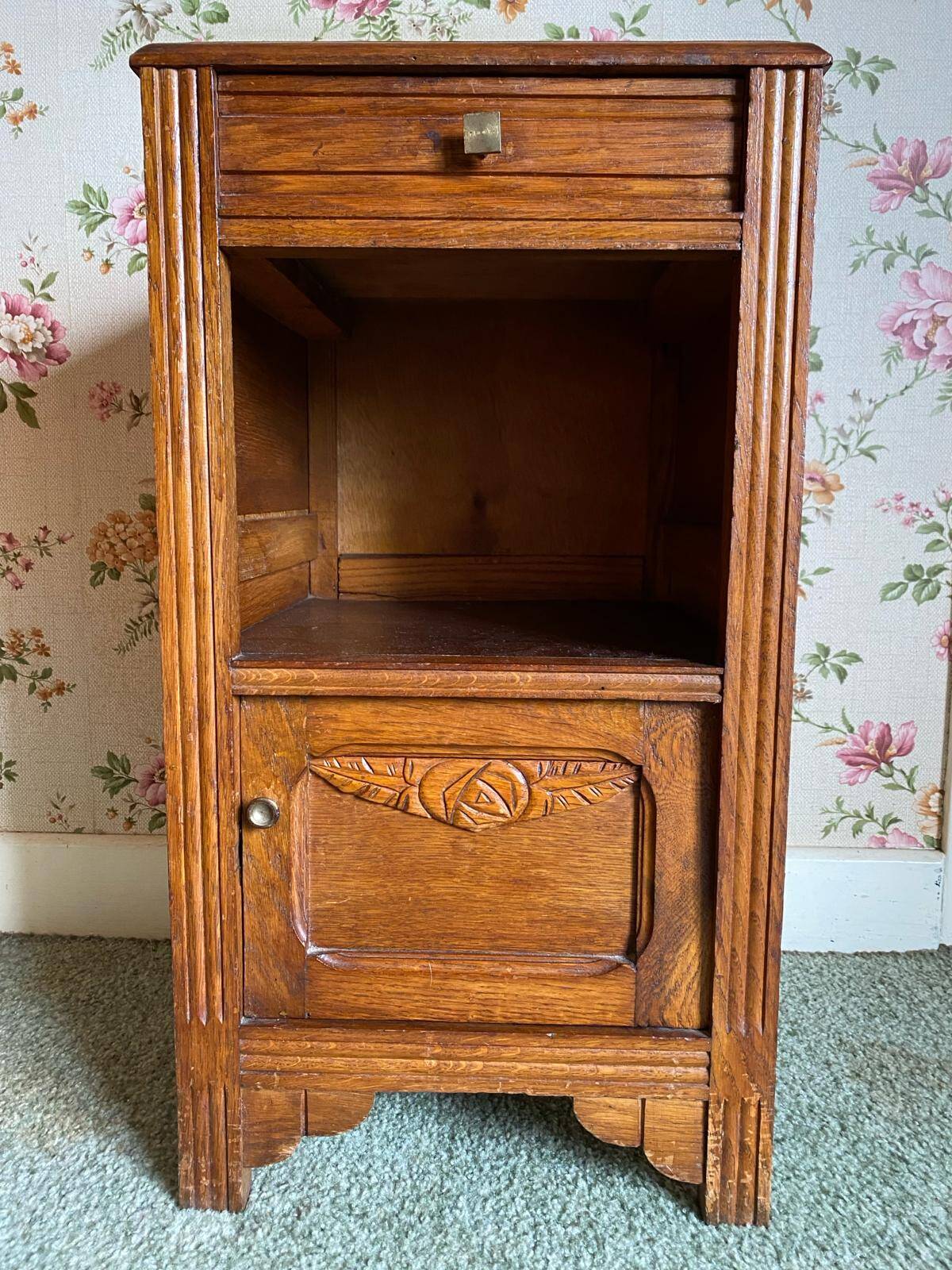 Vintage wooden nightstands/bedside tables carved with art deco motifs