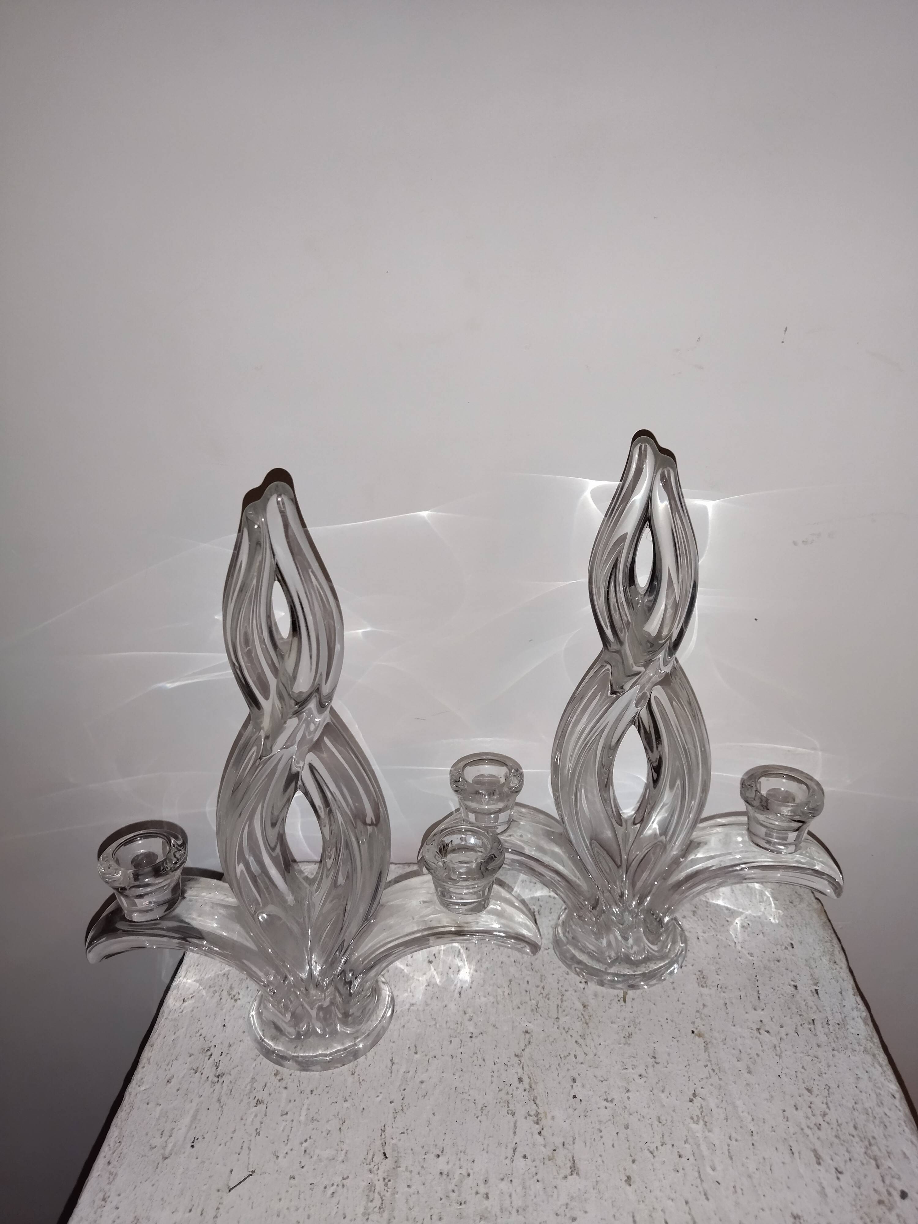 Pair of glass candle holders signed Vannes France