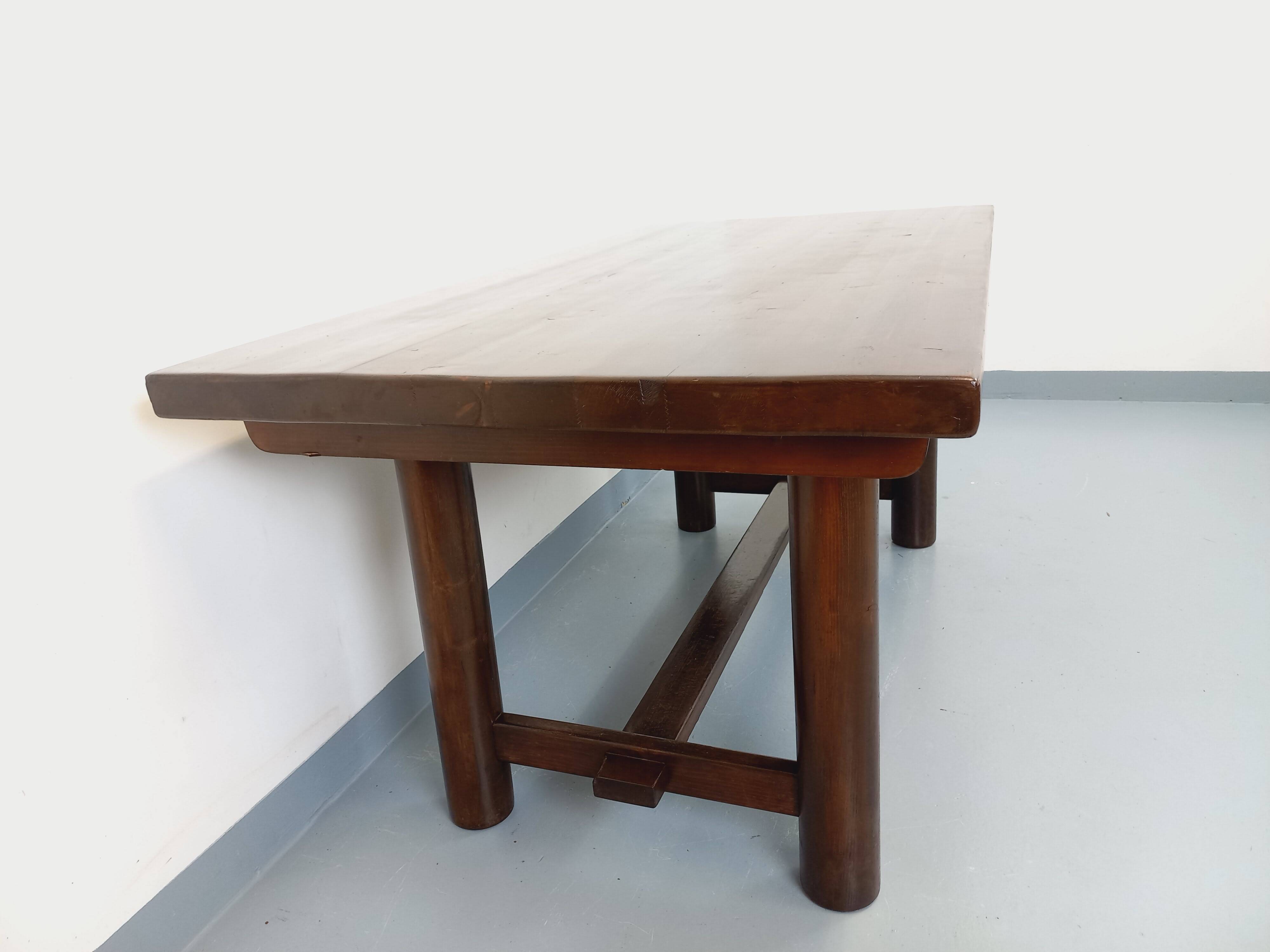 Brutalist rectangular dining table by Georges Robert in pine wood.