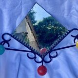 Wrought iron coat rack with wooden ball and vintage mirror 50/60's