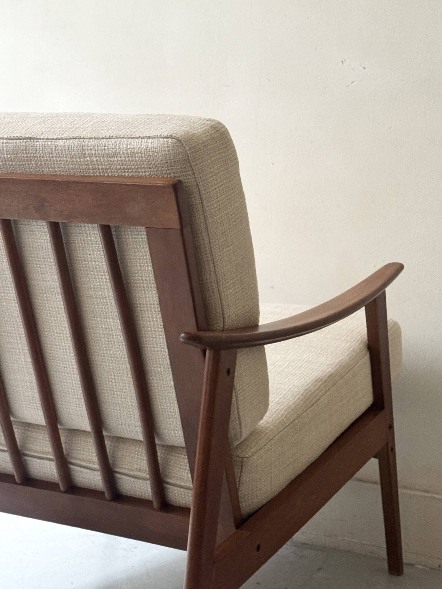 Scandinavian armchair in wood, Pierre Frey fabric, refurbished, Denmark 1950.
