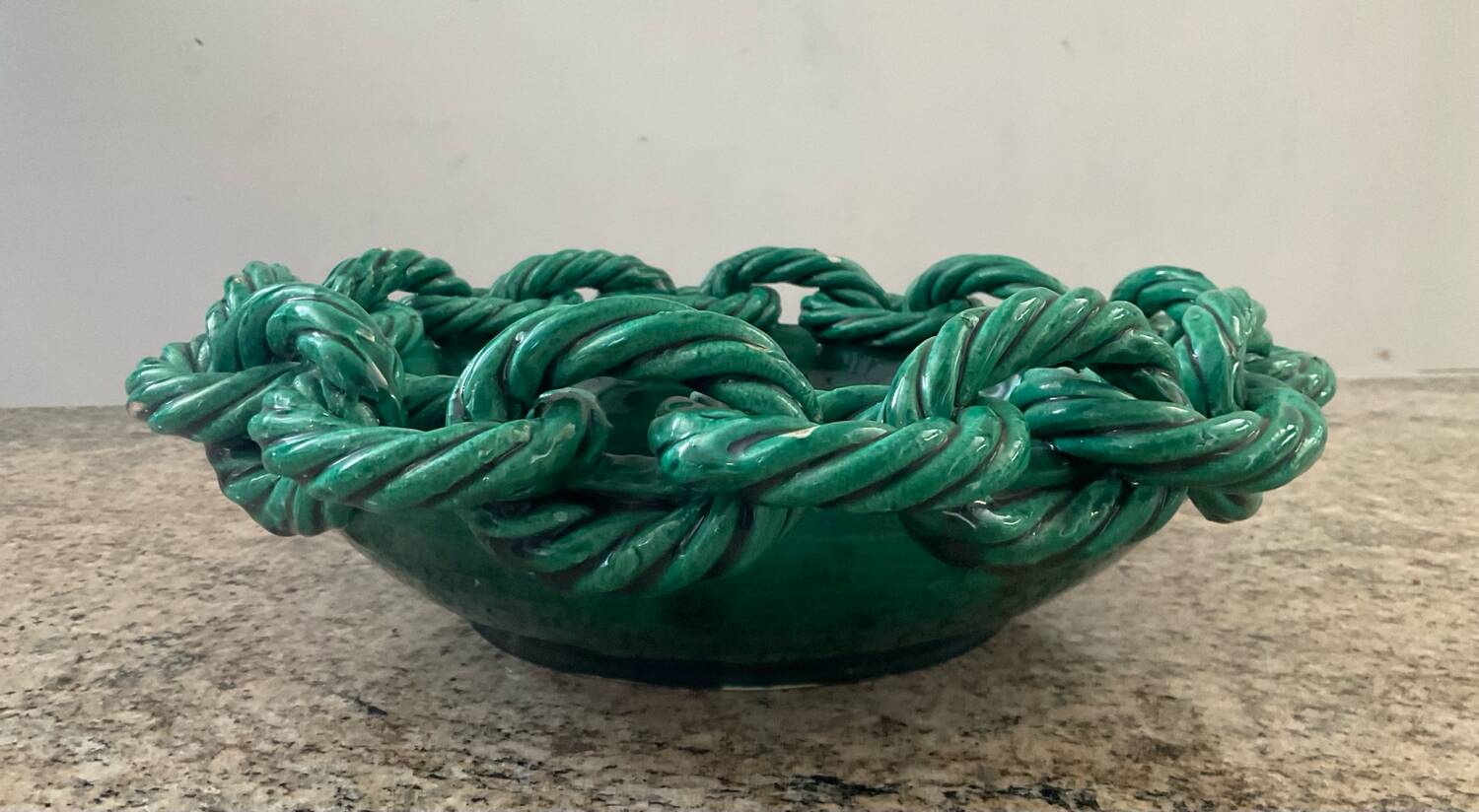 Large ceramic dish from Vallauris with green enamelled rope
