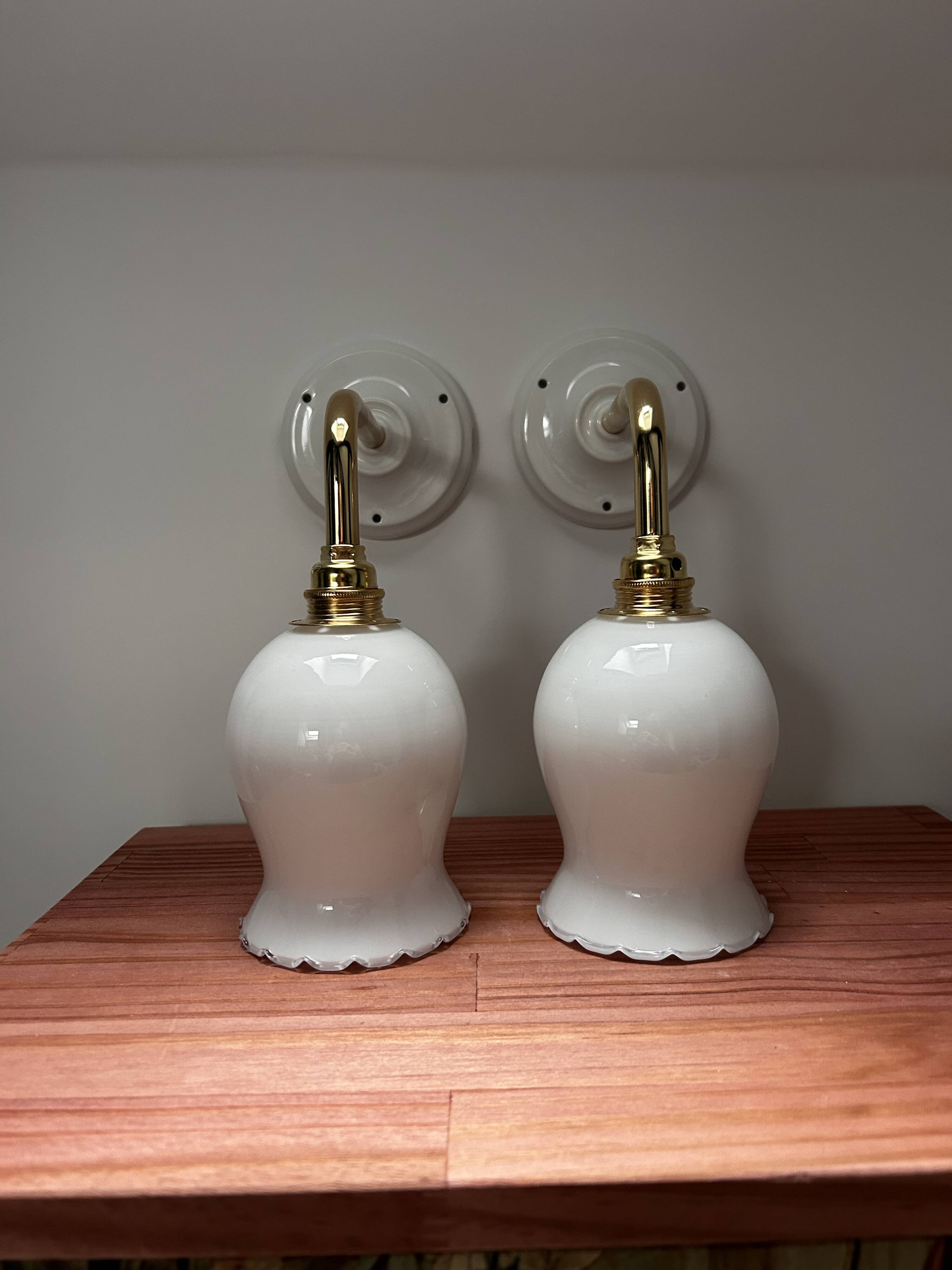 Pair of white opaline wall lights