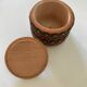 Vintage small round box with lid in light wood carved in relief decorated painted