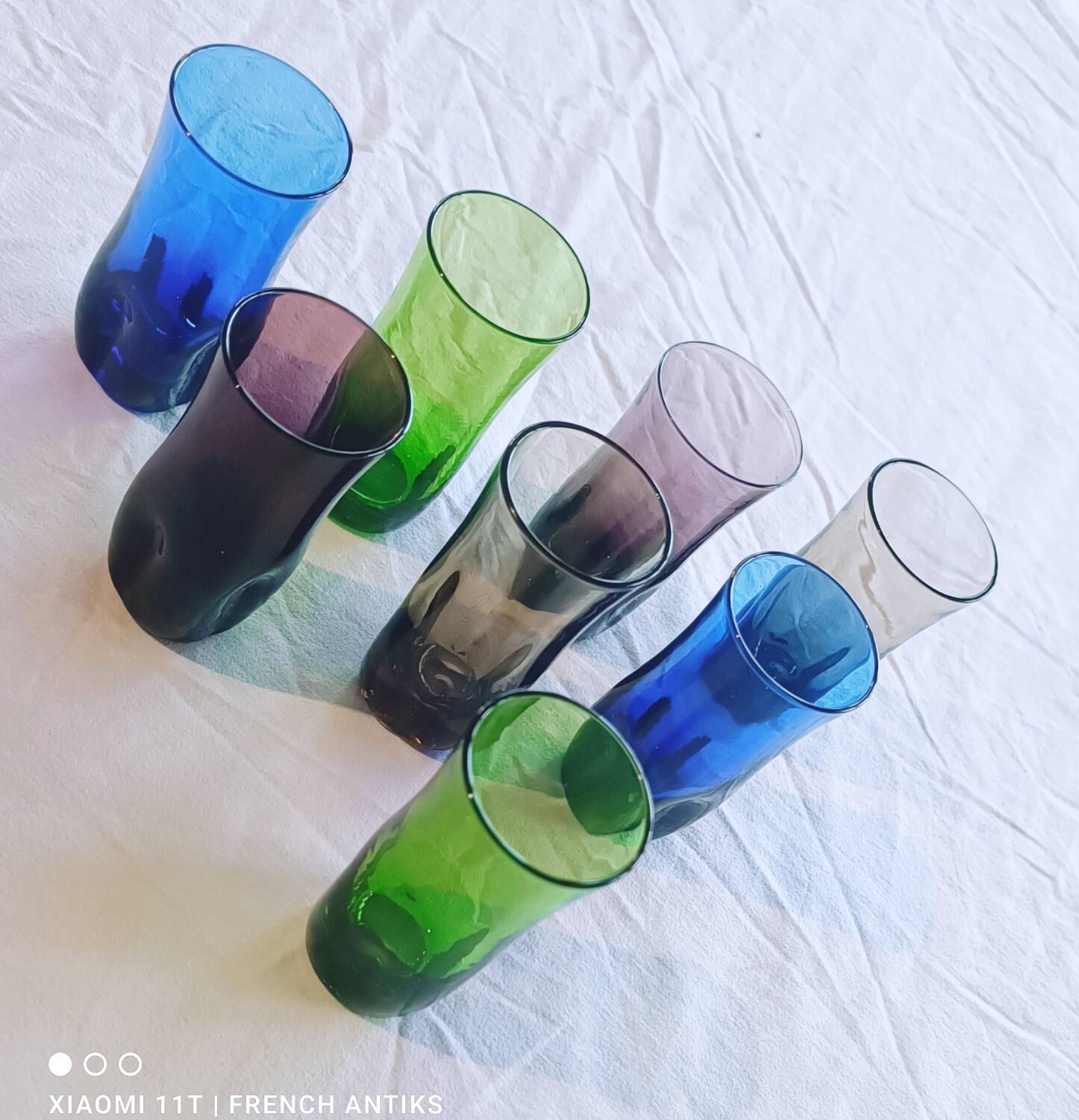 8 verres à liqueur, verre fumé, verrerie de Portieux, 1970's