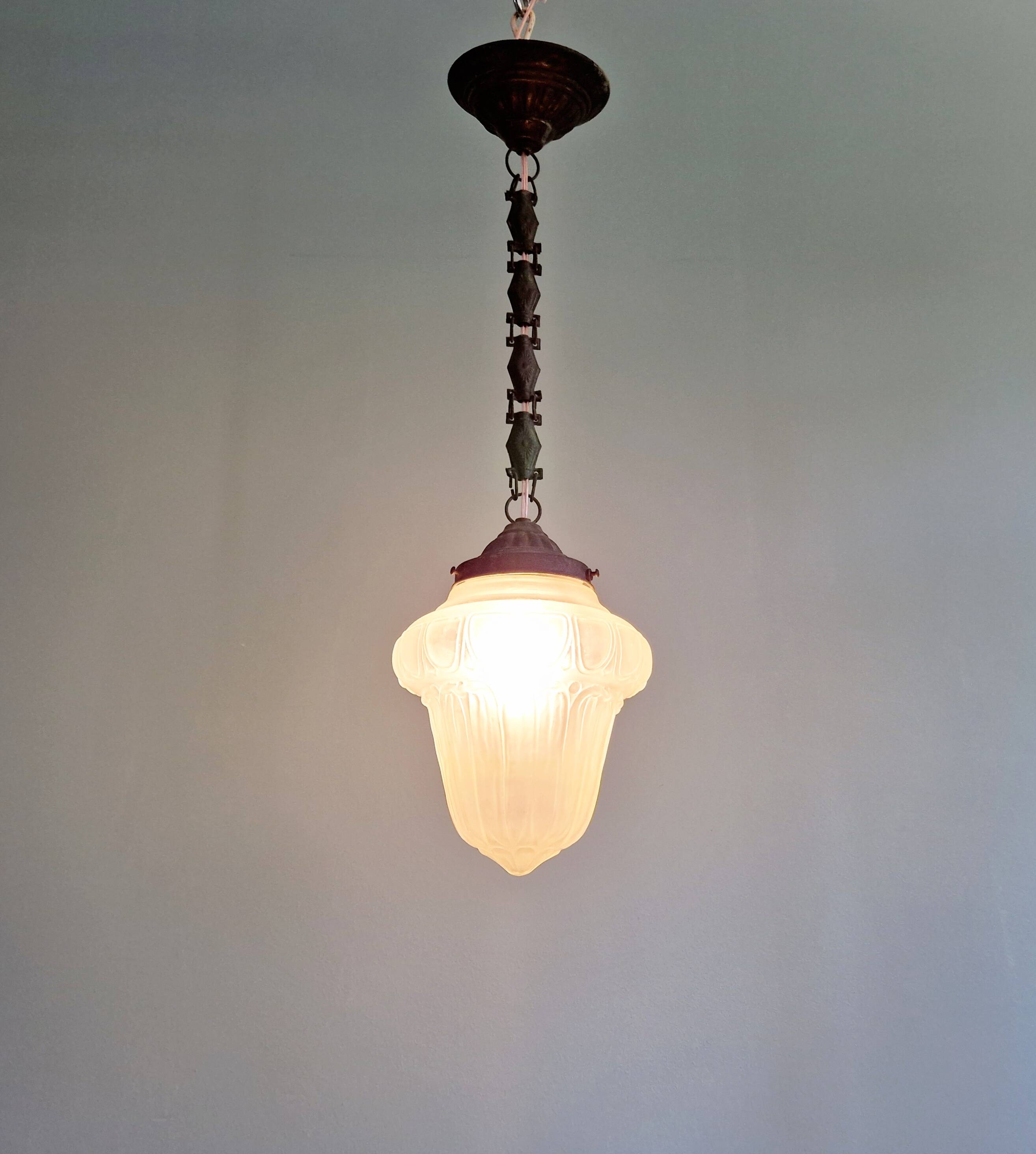 Art Deco pendant light in transparent satin glass, 1920s-30s