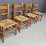 Mid century oak and wicker dining chairs, set of 4