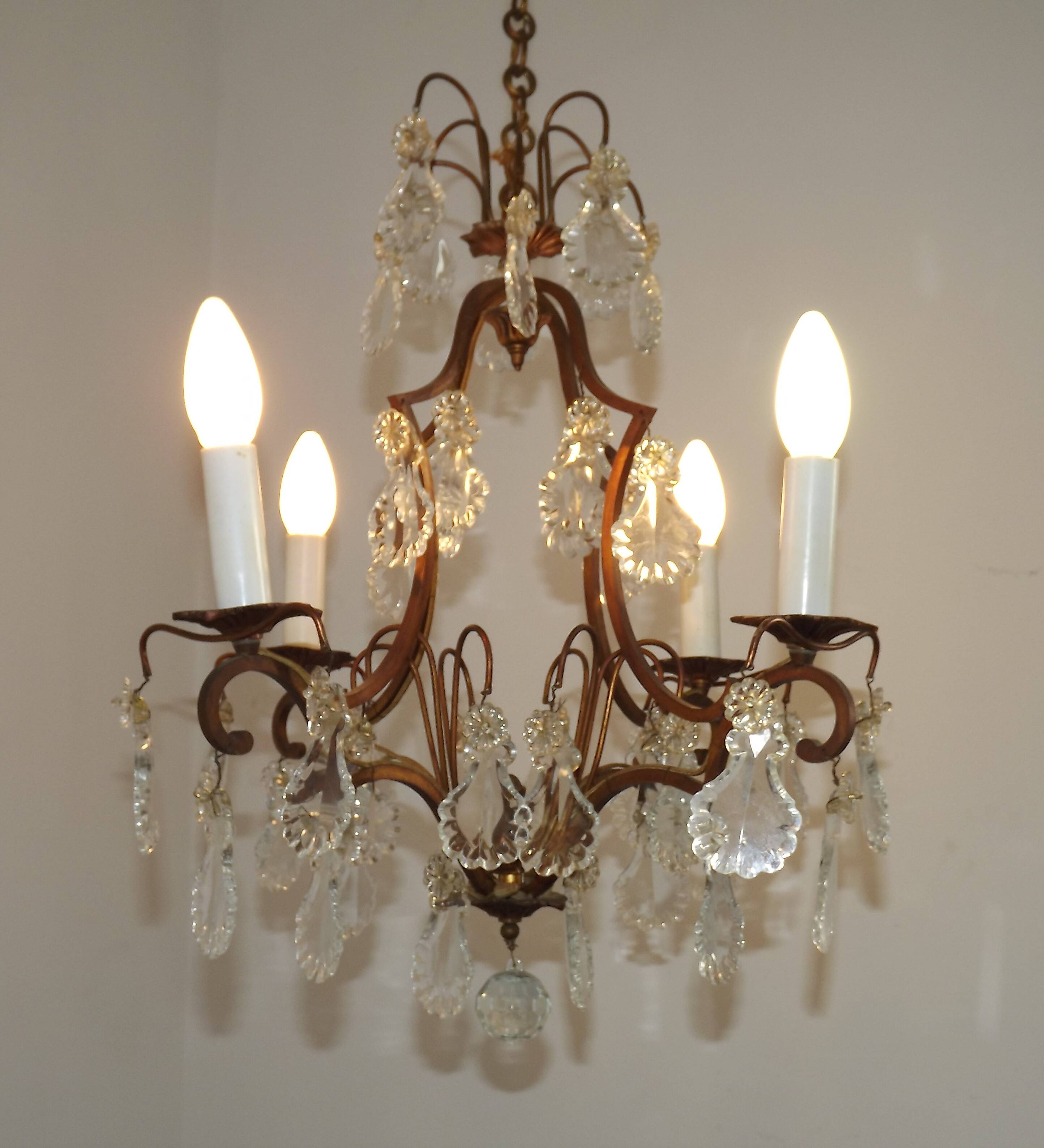 1940s French Vintage Bronze Glass and Crystal 4 Light Chandelier 4679