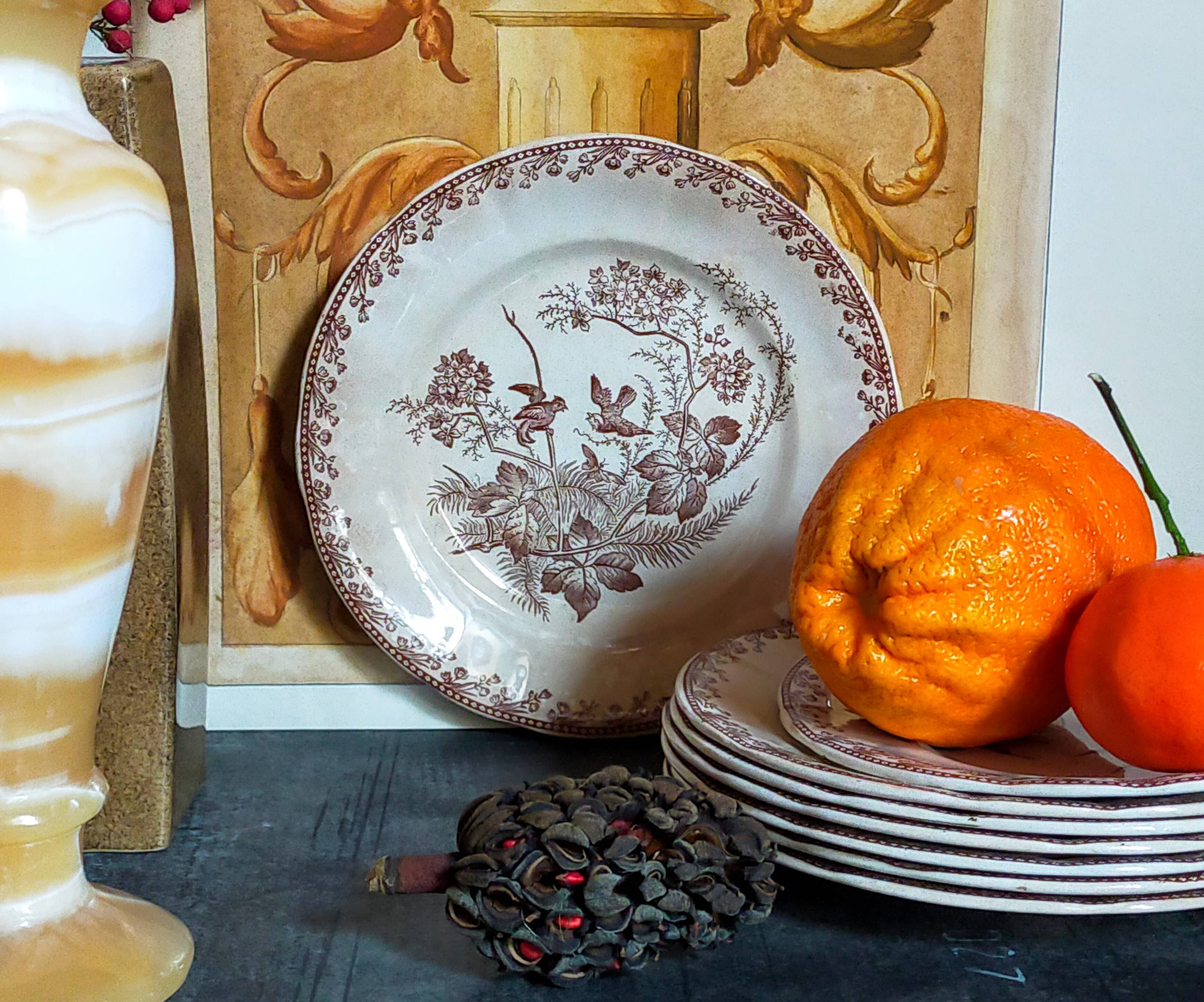 Seven iron earth dessert plates with birds ffPexonne late 19th century