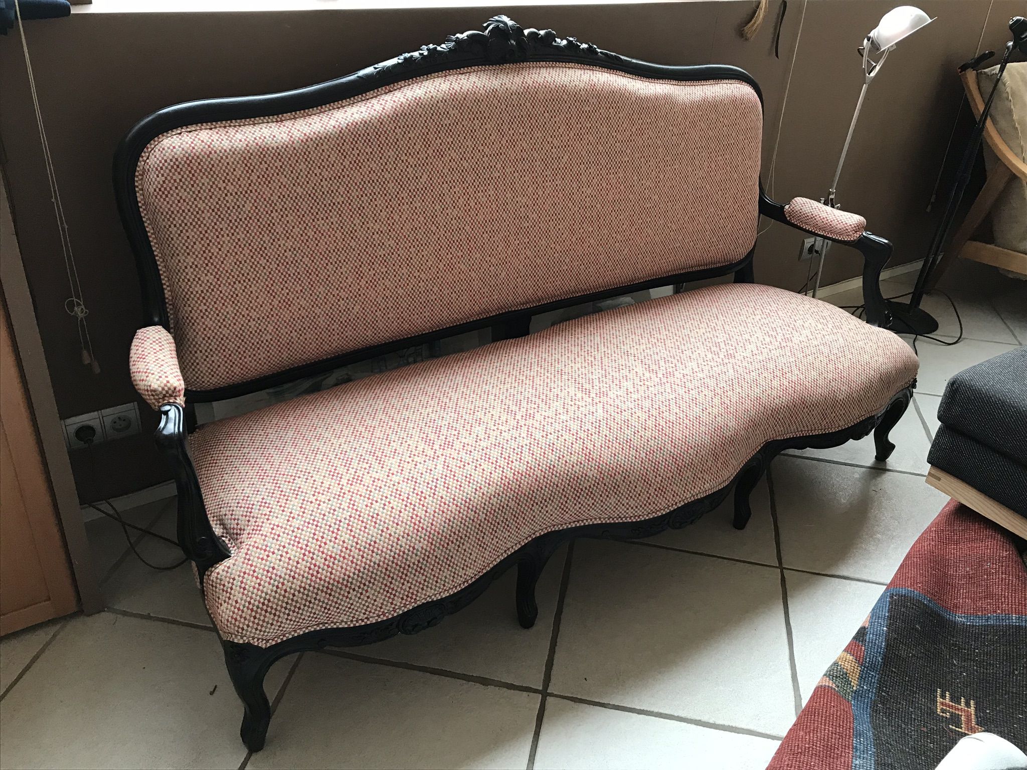Sofa bench Louis Philippe Napoleon III, redesigned Nobilis fabric, country style