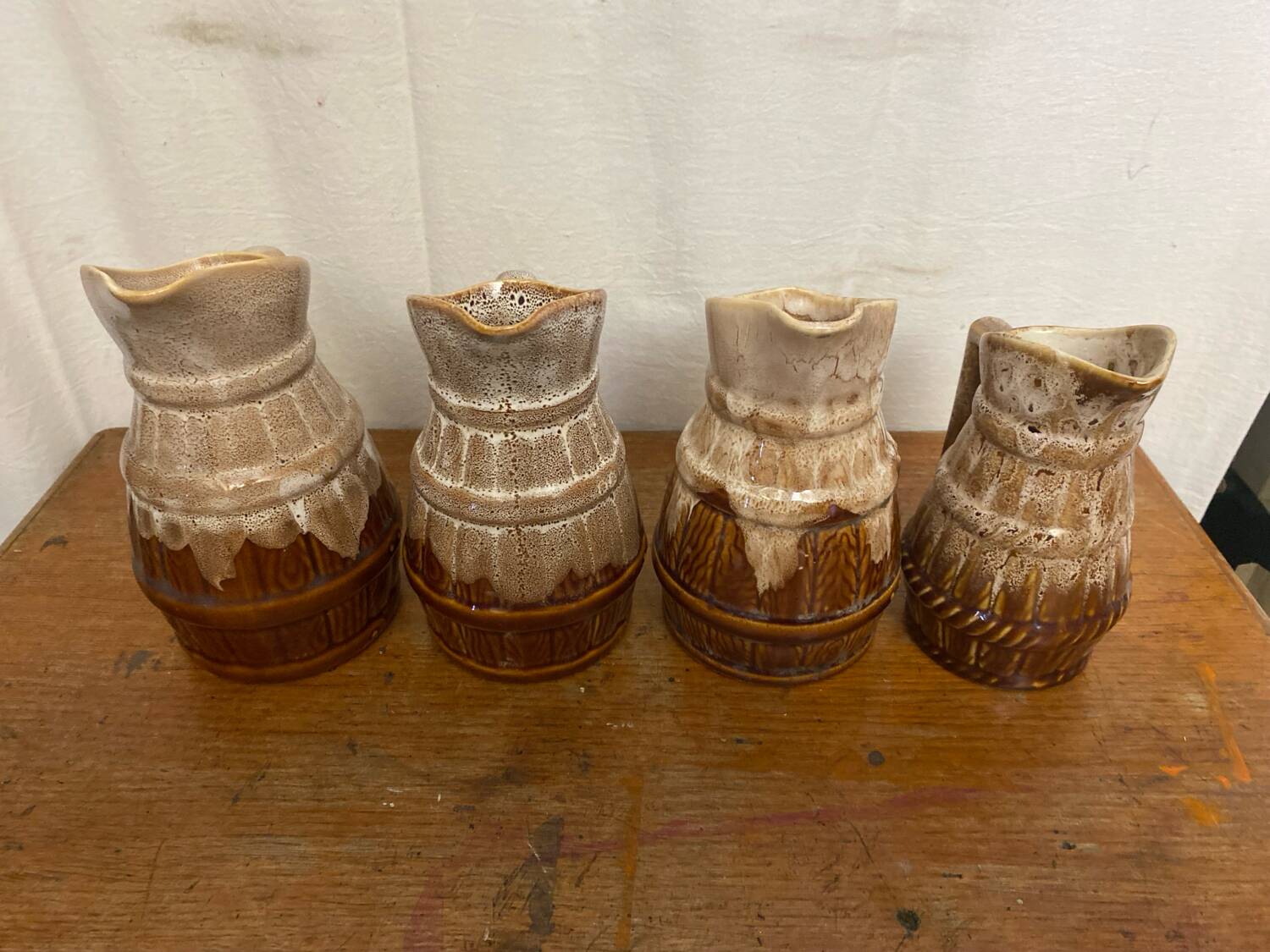 Set of 3 Barrel-Shaped Pitchers in the RÉVOL Style, Vintage Flamed Ceramic