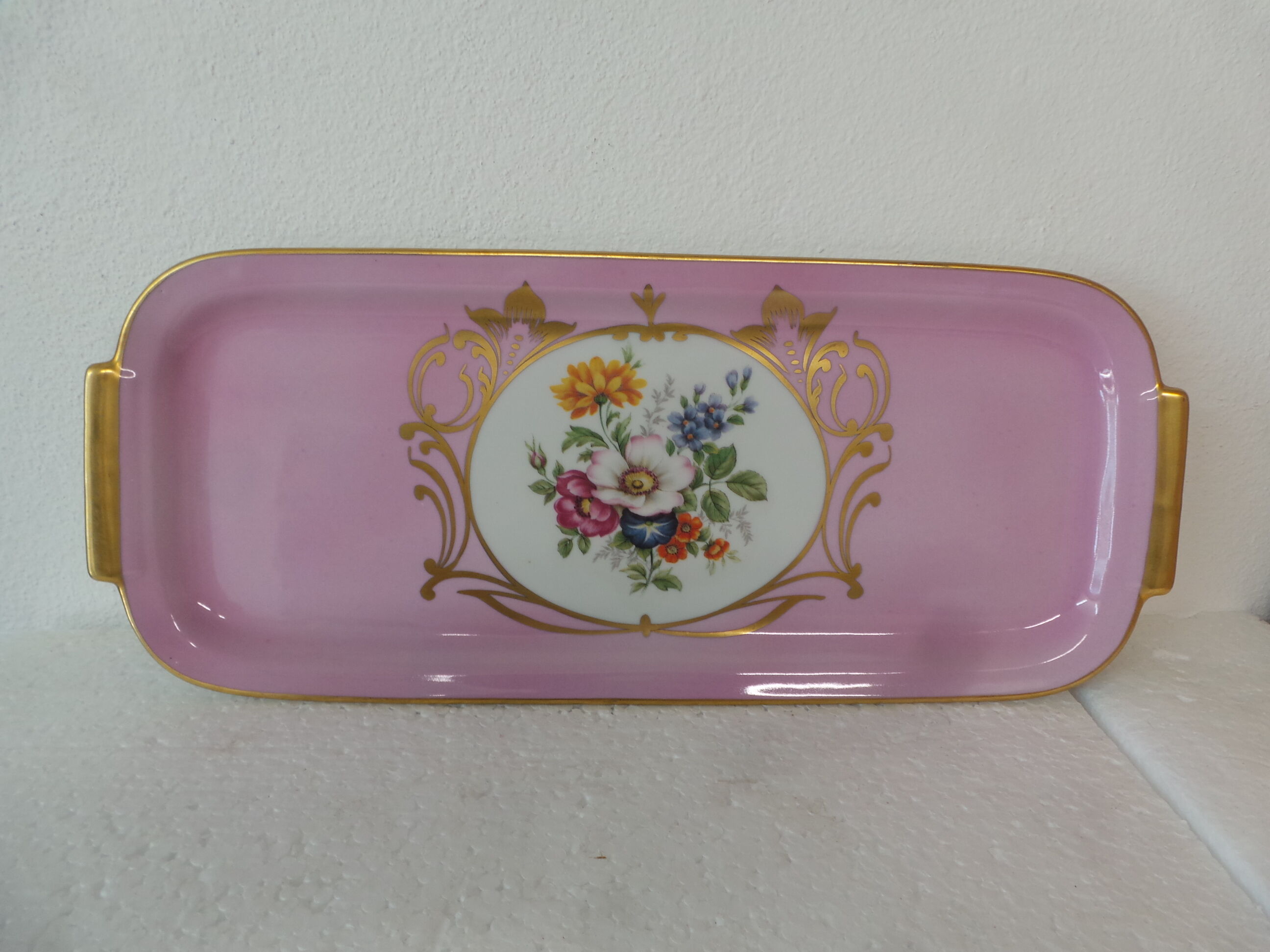 Pink cake dish with floral decoration Limoges
