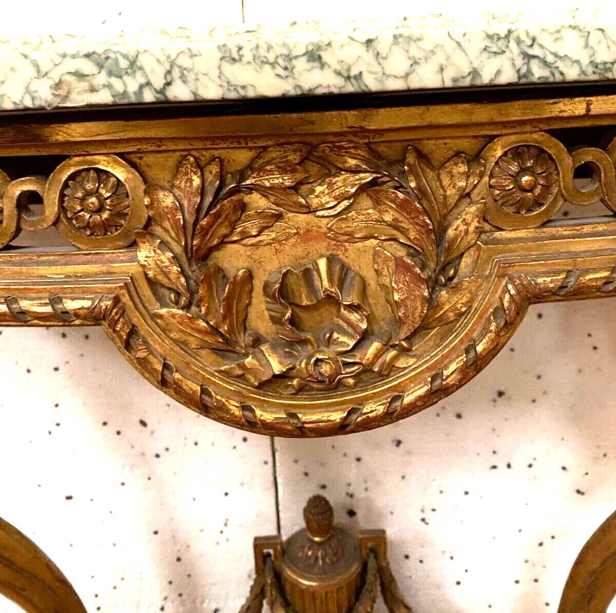 Louis XVI style console in gilded wood 20th century Veined green marble top