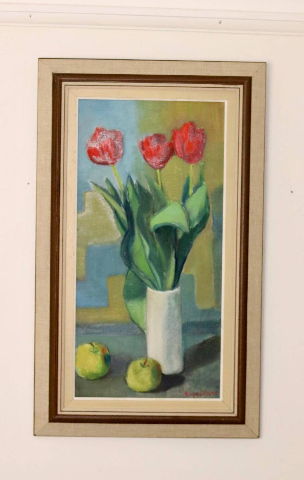 1970's Large Swedish Mid-Century Oil On Board Painting" Still life Tulips " by Hugo Olsson