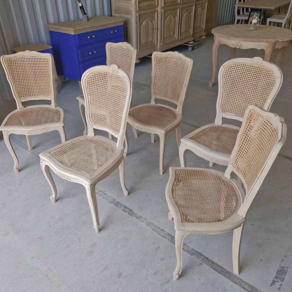 Set of 6 reclaimed solid wood cane chairs