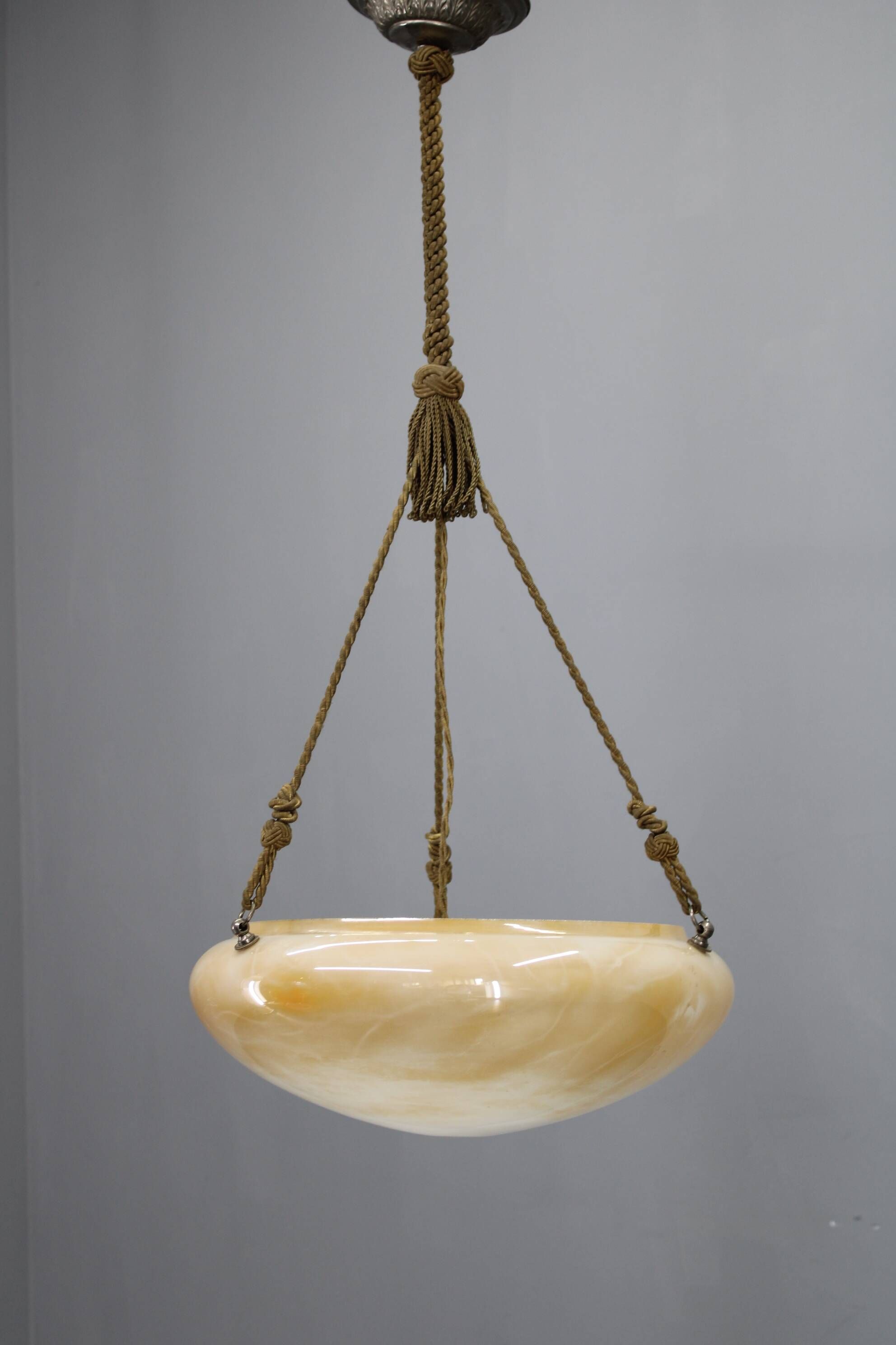 1930s European Secession–Art Deco pendant light with rope suspension and glass