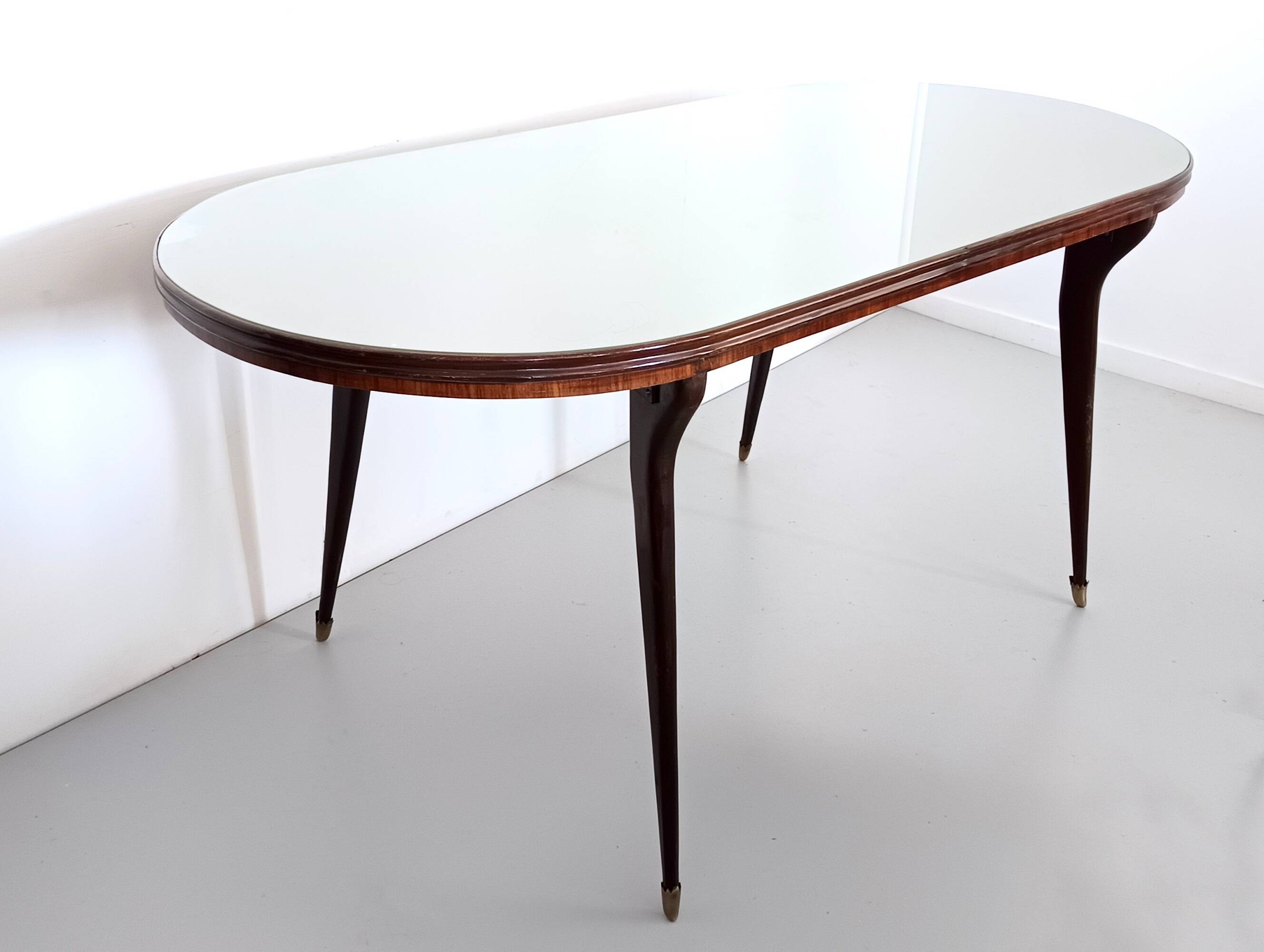 Vintage Beech and Walnut Dining Table with an Oval Gray Glass Top, Italy