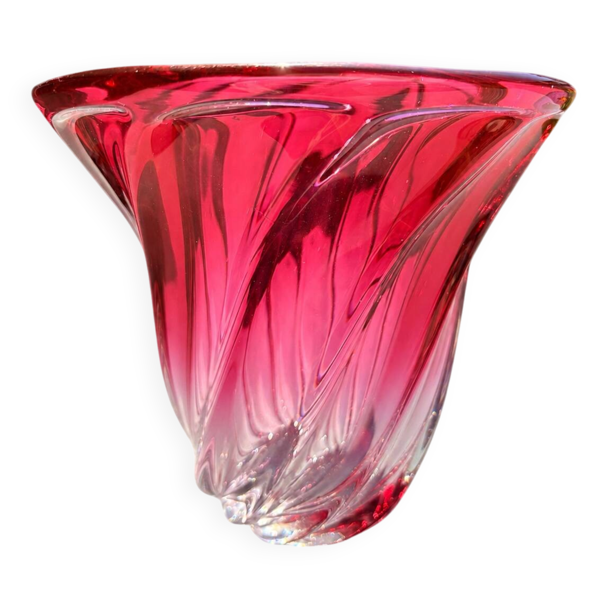Val Saint Lambert twisted raspberry pink crystal vase signed