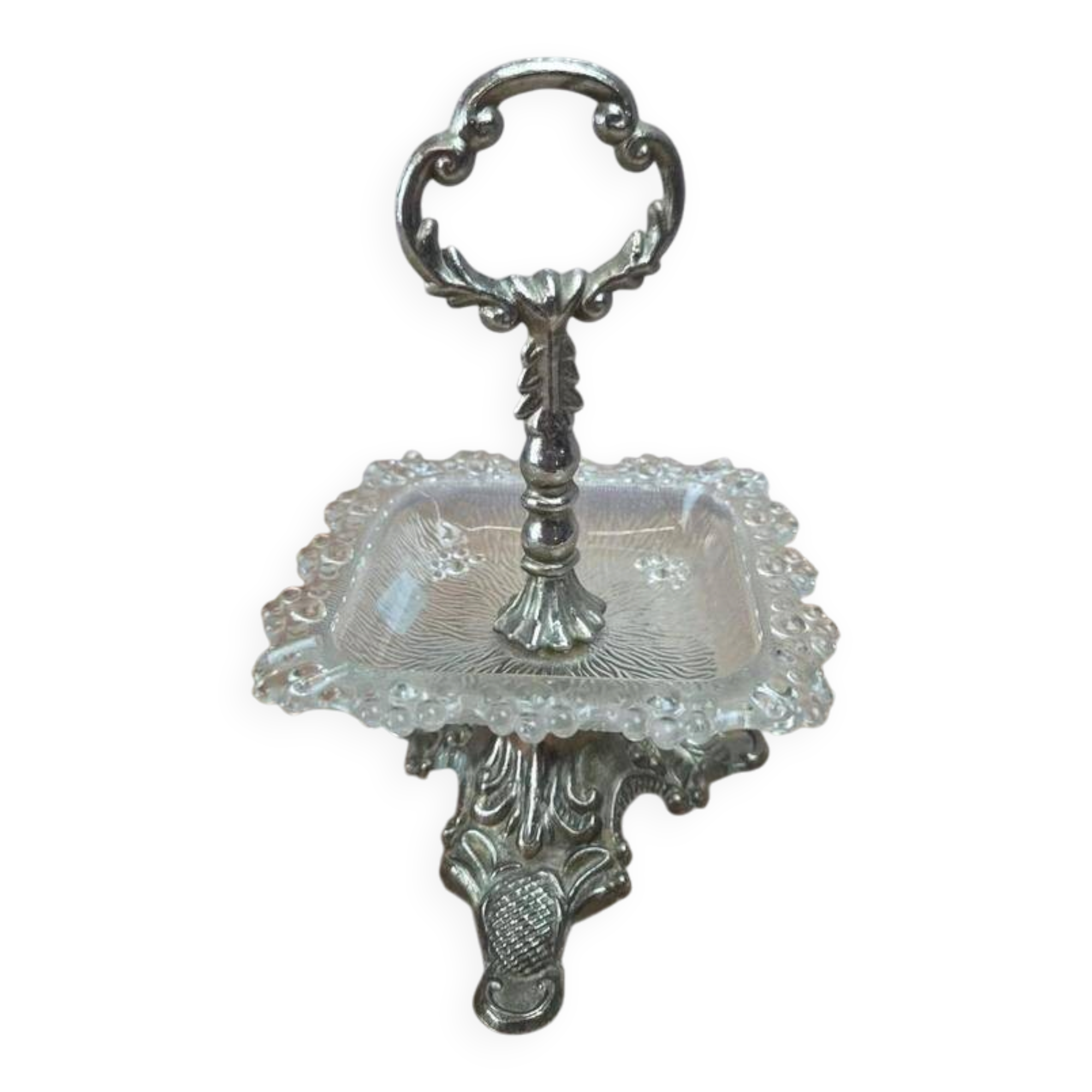 Présentoir ancien en métal argenté et verre