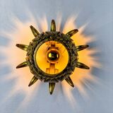 Sunburst ceiling light fixture or sconce in gilt wrought iron, Spain, 1960s