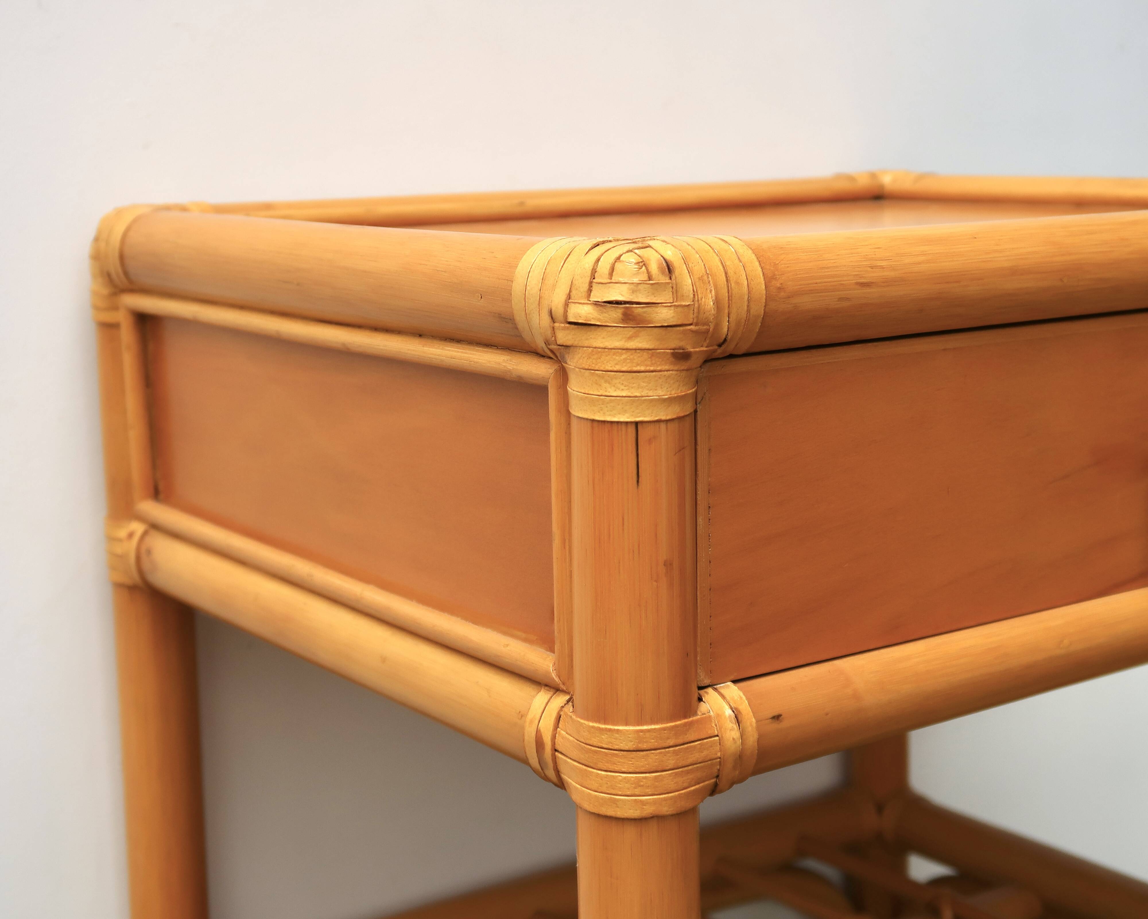 Bedside or side table in wood, bamboo and rattan, 1970s