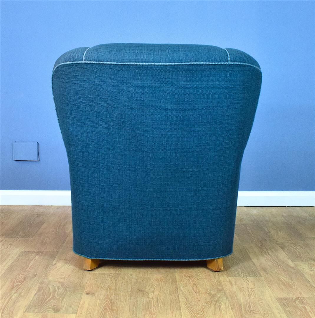 Mid century danish teal blue wool & oak club lounge chair