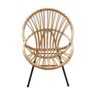 Fauteuil corbeille en rotin pieds métal