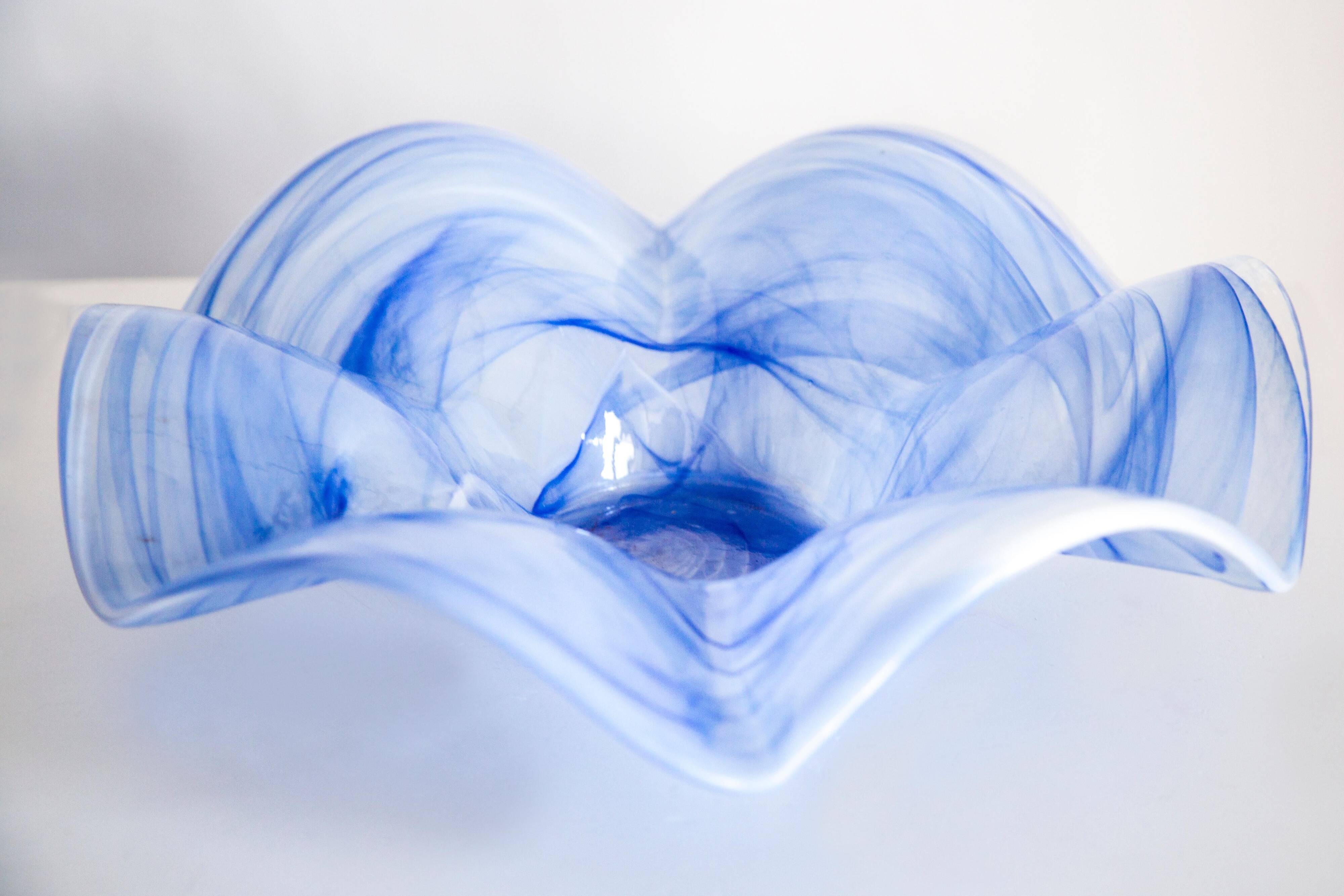 Large white and blue bowl in Murano glass, mid-century style, Italy, 2000s.