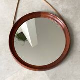 Mid Century solid teak wall mirror with a leather strap - Danish design