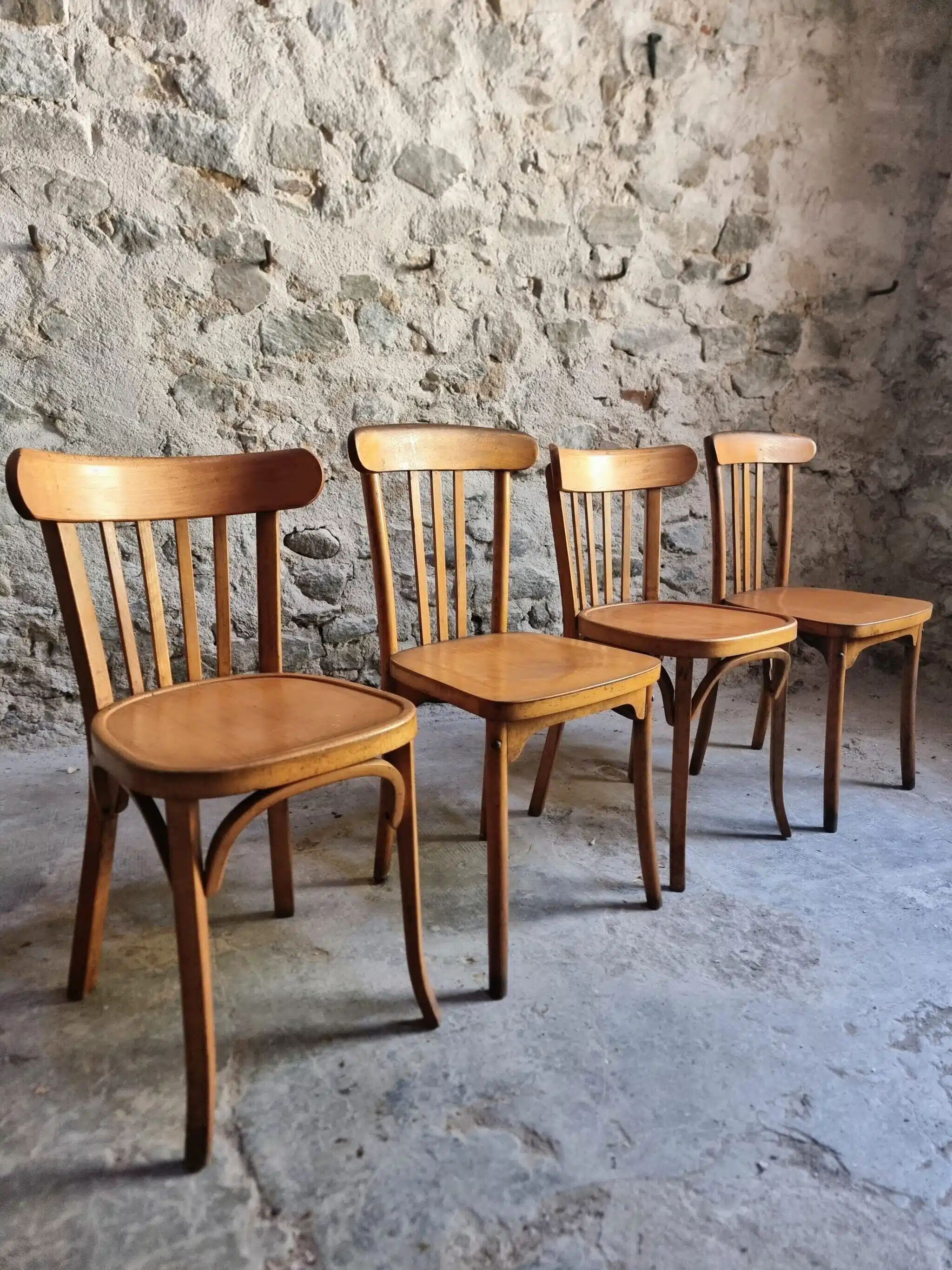 Ensemble vintage de 4 chaises bistrot françaises par Baumann & Luterma, bois de hêtre, années 1950