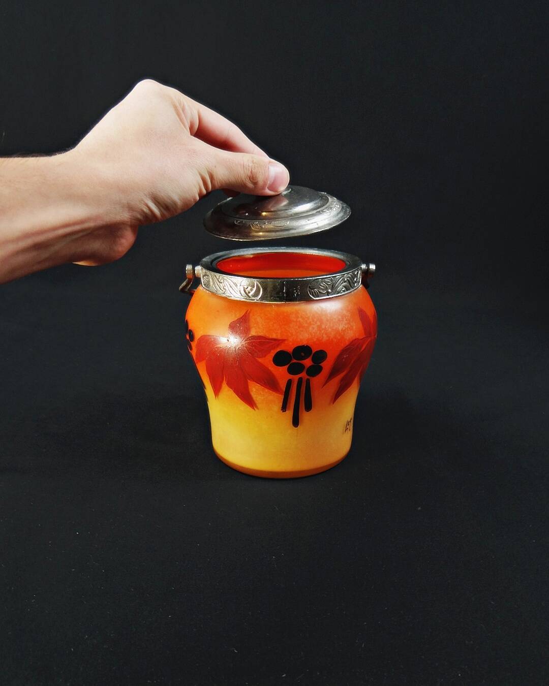 Legras-Montjoye enameled & painted glass biscuit bucket, Art Deco period