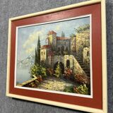 Italian School: painting of a castle on the edge of a lake