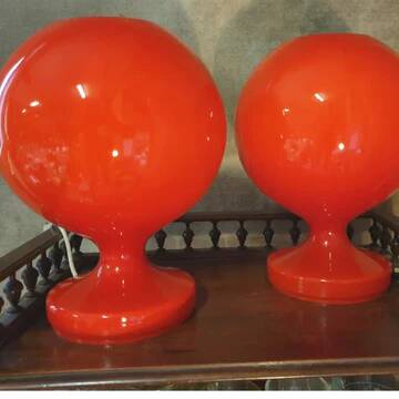 Pair of red opaline glass table lamps for Jihlava, Czechoslovakia, 1960s