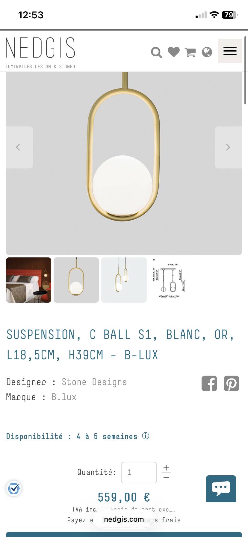 Suspension BIux C Ball S1 white and gold