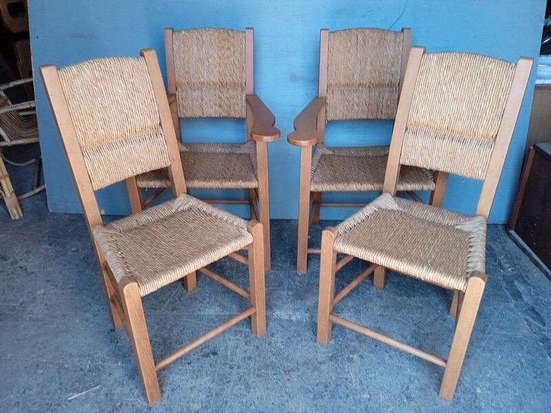 Lot 2 armchairs and 2 chairs design wood and straw period 1970