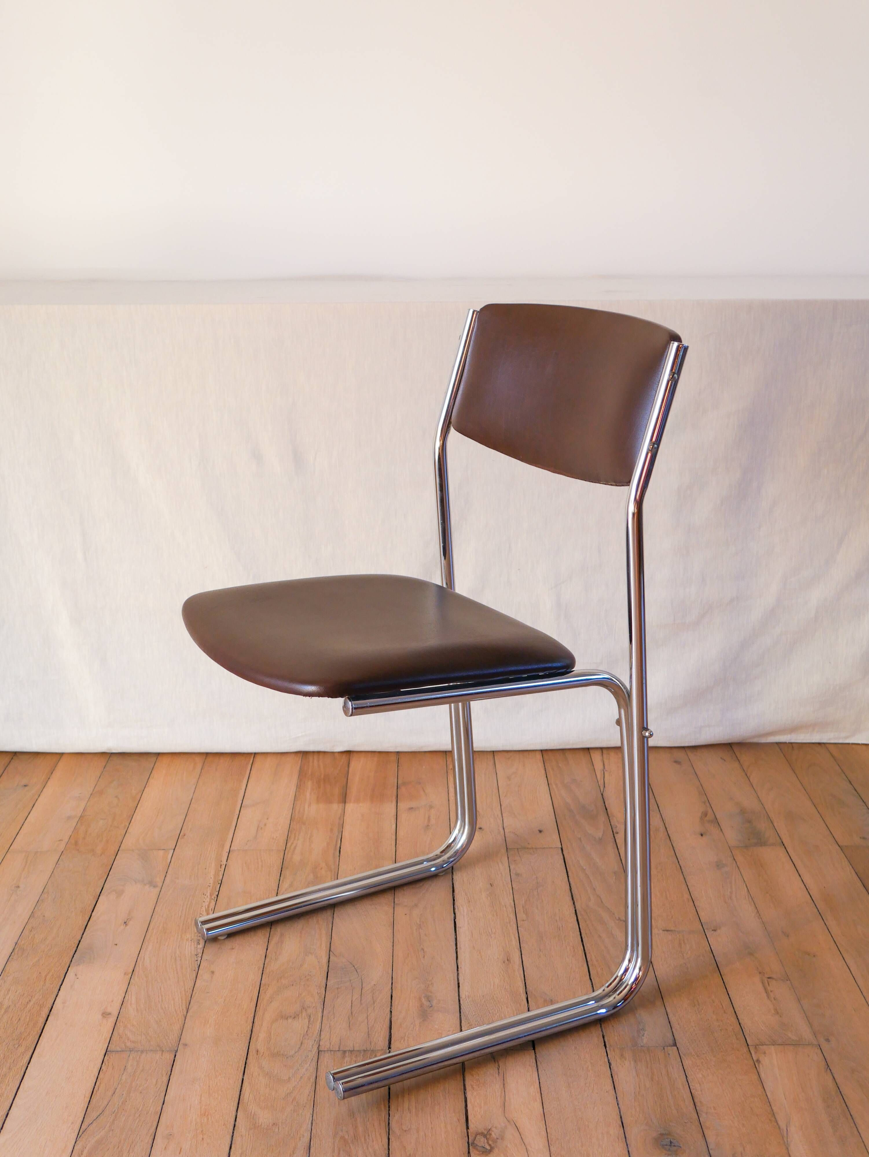 Office chair in brown skai and chrome tubular legs design 1970