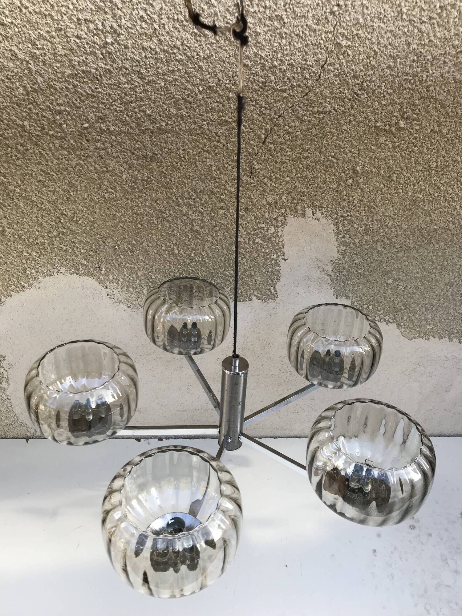 Chandelier 5 arm chromed metal old  70s vintage