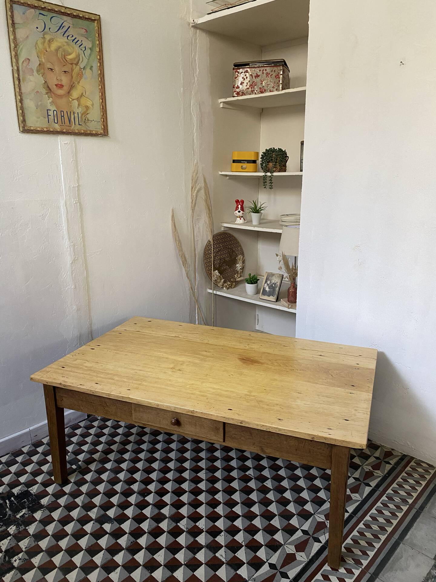 Large antique coffee table in solid wood, farmhouse style – 1 drawer –