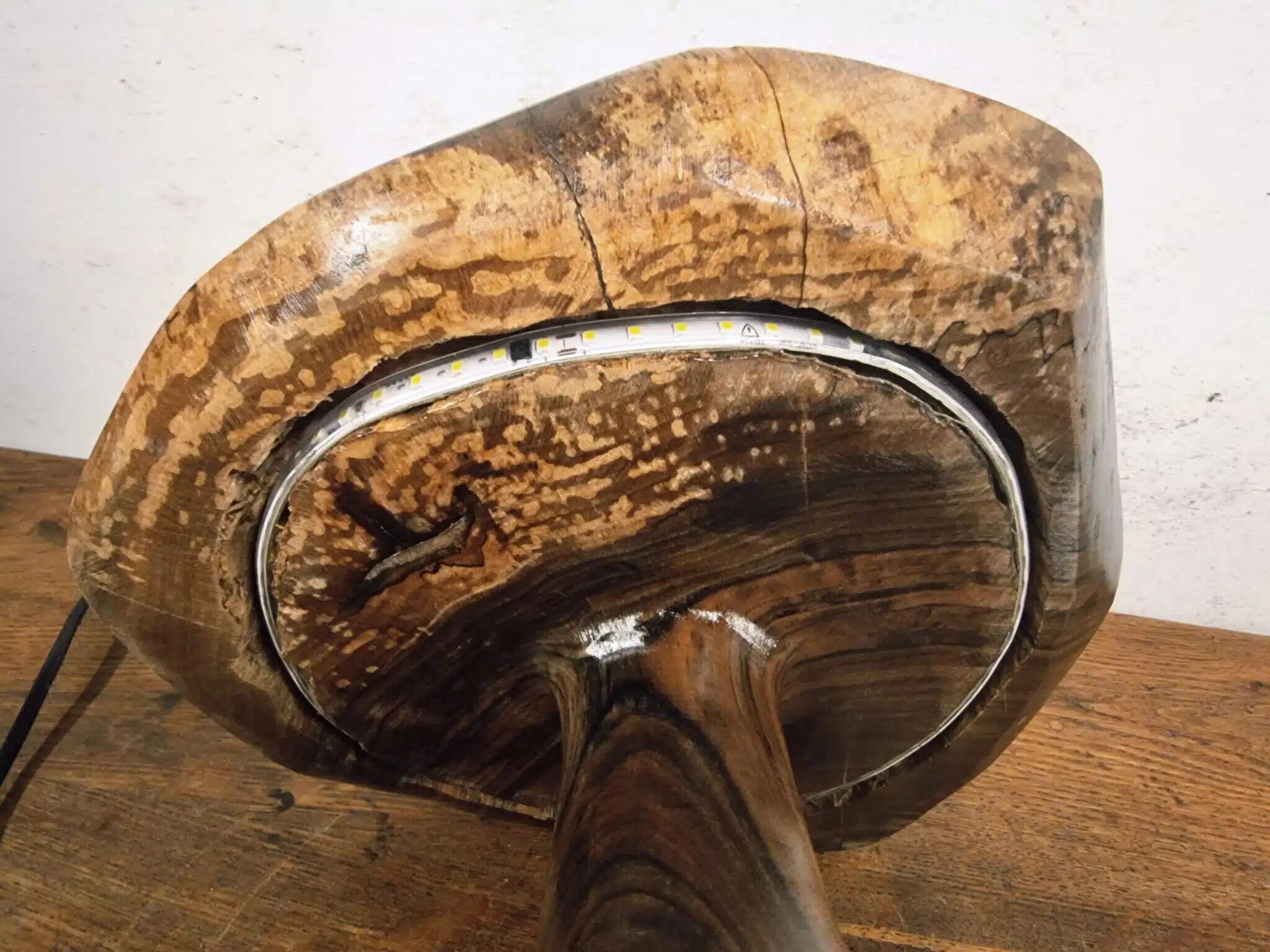Hand-carved wooden mushroom table lamp with integrated LED