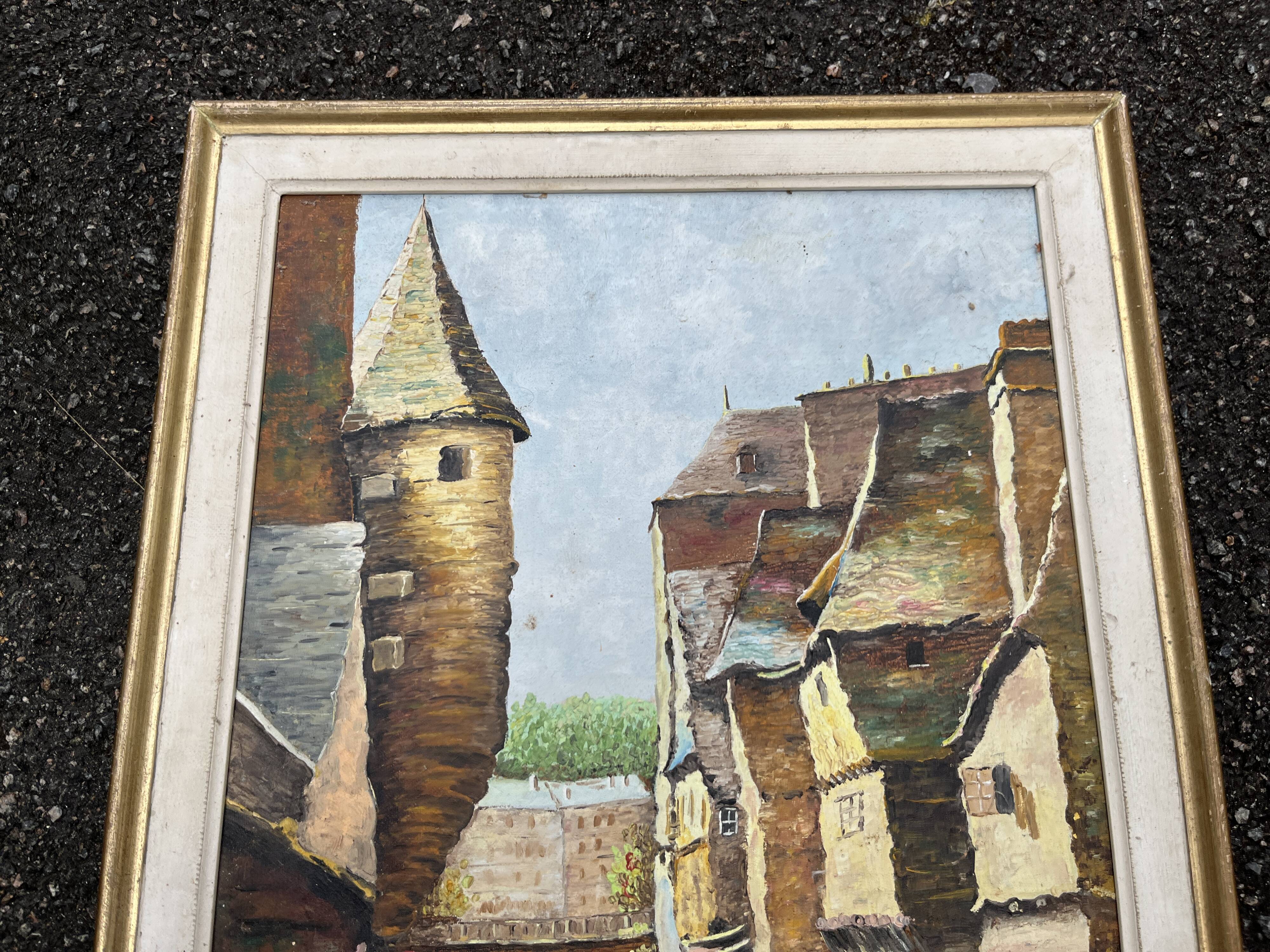 Antique painting – Medieval village scene by the water, signed