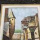 Antique painting – Medieval village scene by the water, signed