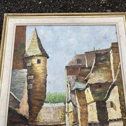 Antique painting – Medieval village scene by the water, signed