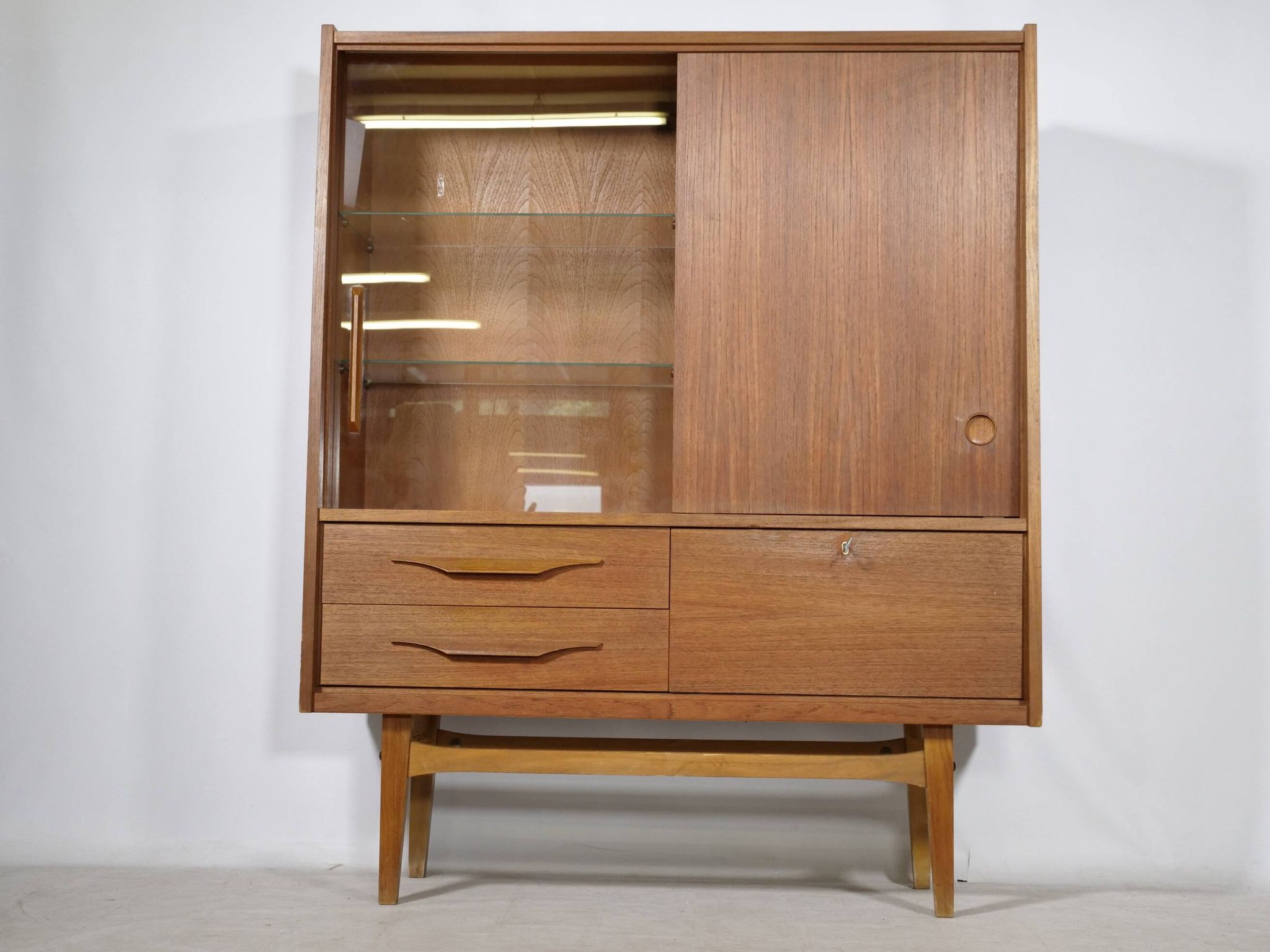Mid Century Teak Highboard with Glass Display Cabinet & Sliding Door, 1960s